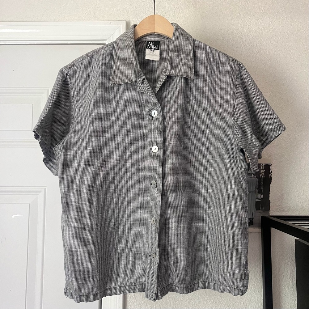 ALI MILES black and white houndstooth linen cotton button up boxy cropped